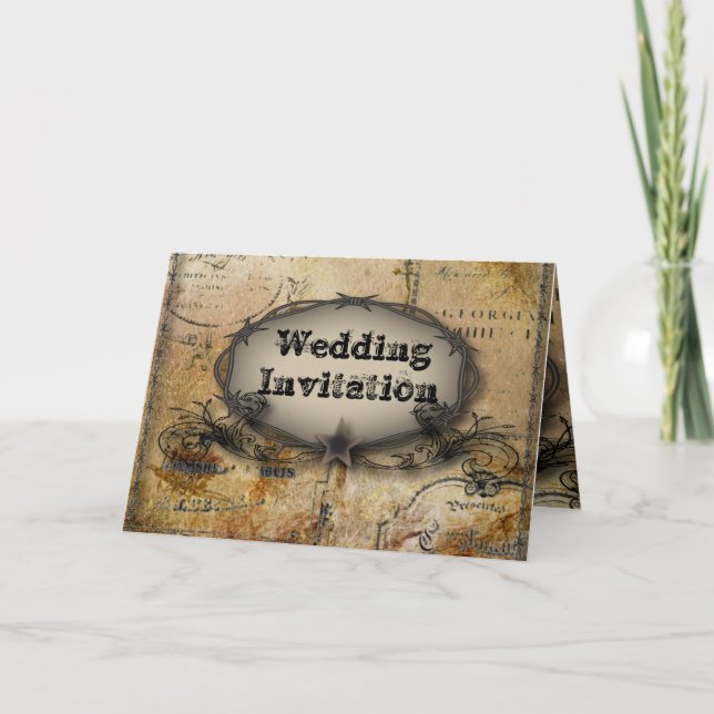 rustic barbed wire western country cowboy wedding invitation (Front)