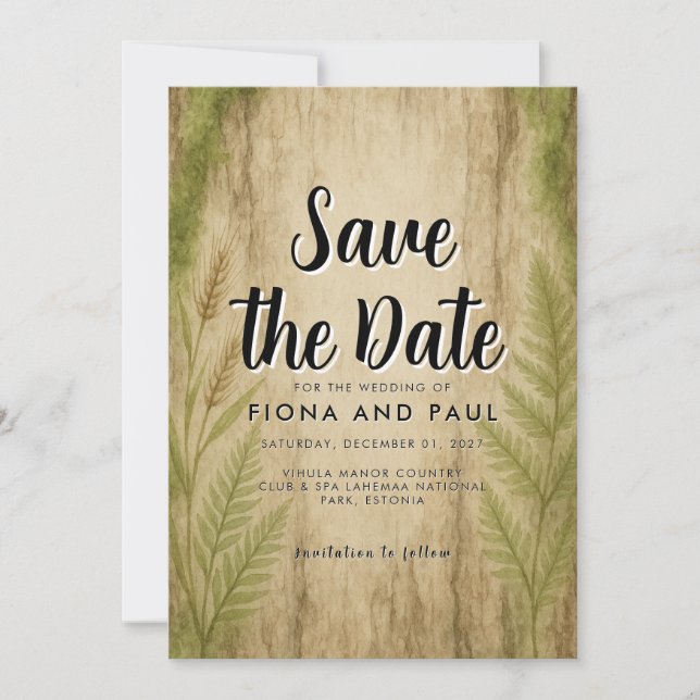 Rustic Bark and Moss Forest Save the Date Card (Front)