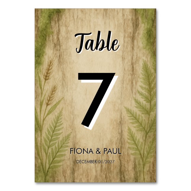 Rustic Bark and Moss Forest Table Number Card (Front)
