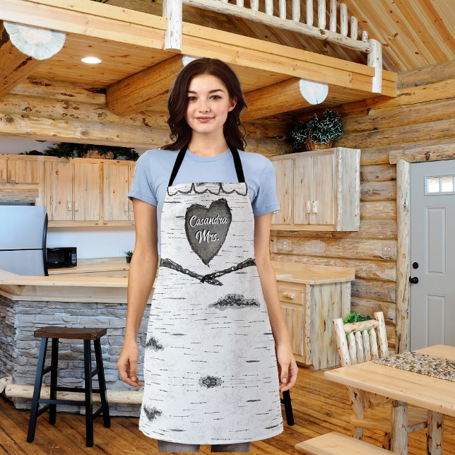 Rustic Bark Wood Carved Heart Aspen Tree Grey Apron (Creator Uploaded)