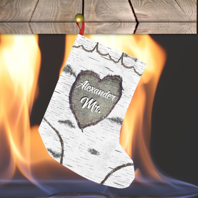 Rustic Bark Wood Carved Heart Aspen Tree Mr. Small Christmas Stocking (Creator Uploaded)