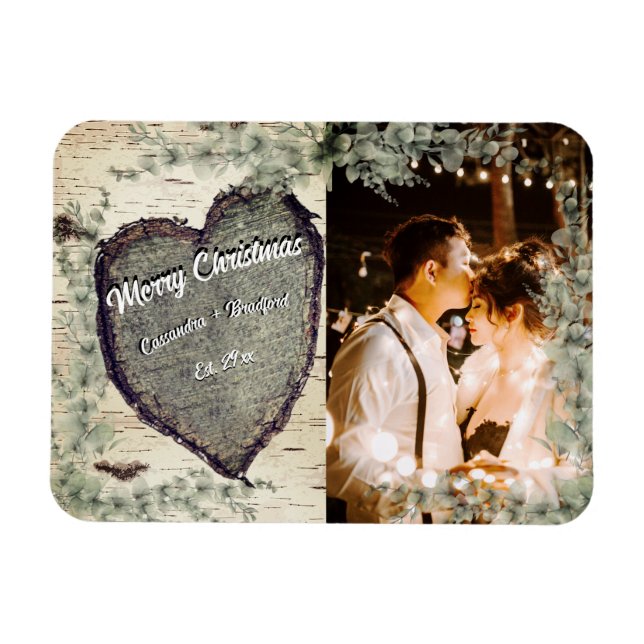 Rustic Bark Wood Heart Eucalyptus Greenery Brown Magnet (Horizontal)