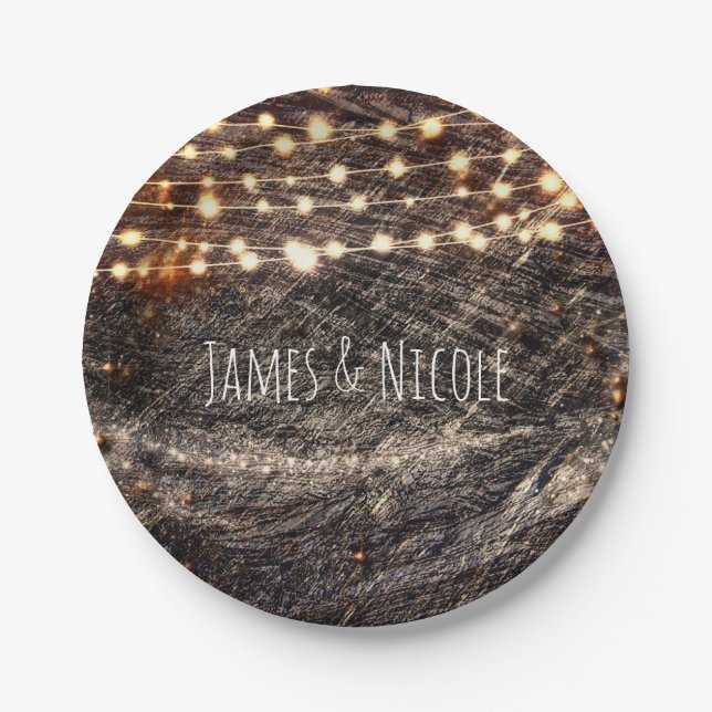 Rustic Bark Wood & Sparkle Lights Fall Party Paper Plate (Front)
