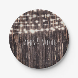 Rustic Bark Wood & String Lights Fall Party Paper Plate