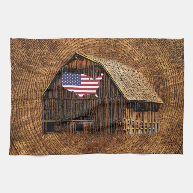 Rustic Barn American Flag Tea Towel (Horizontal)