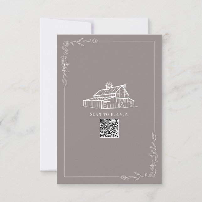 Rustic Barn Amethyst Grey QR Code Wedding RSVP Card (Front)