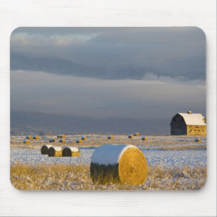 Rustic barn and hay bales after a fresh snow 3 mouse mat