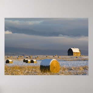 Rustic barn and hay bales after a fresh snow 3 poster
