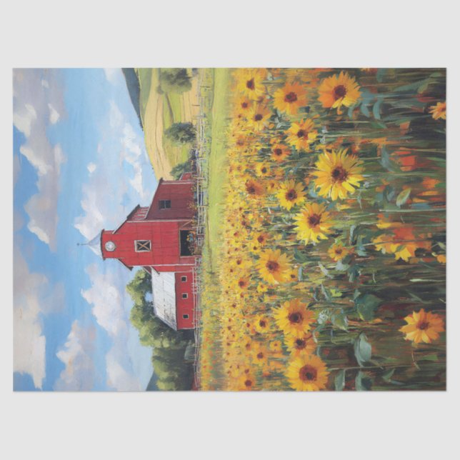 Rustic Barn and Sunflower Field Painting Decoupage Tissue Paper (Front)