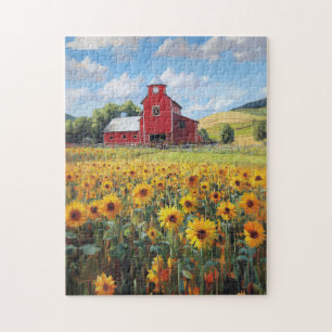 Rustic Barn and Sunflower Field Painting Jigsaw Puzzle
