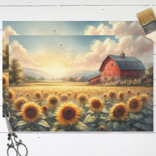 Rustic Barn and Sunflowers Watercolor Decoupage Tissue Paper