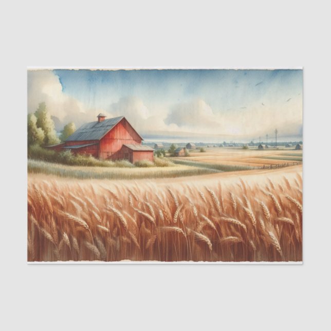 Rustic Barn and Wheat Field Watercolor Decoupage Tissue Paper (Front)