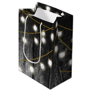 Rustic Barn Black Wood Gold String Lights Medium Gift Bag