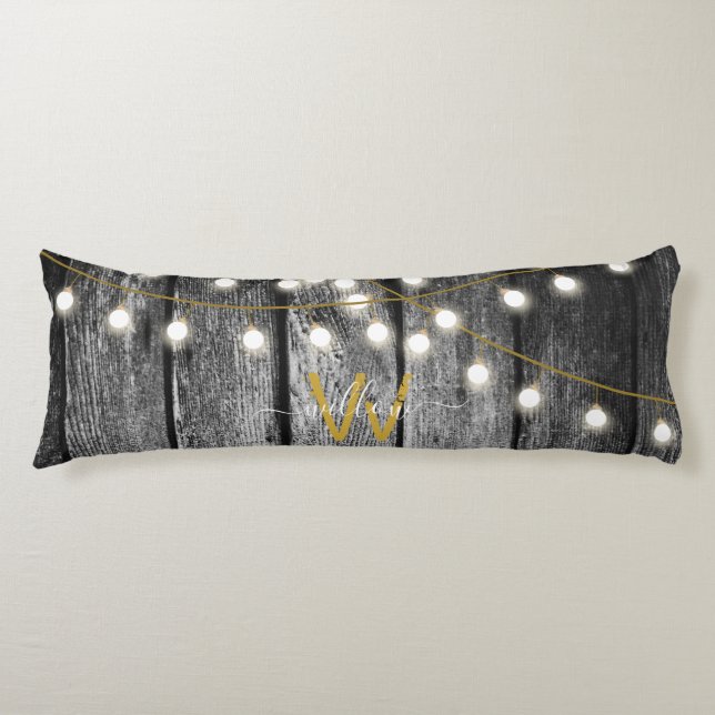 Rustic Barn Black Wood Gold String Lights Monogram Body Cushion (Front)