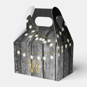 Rustic Barn Black Wood Gold String Lights Monogram Favour Box