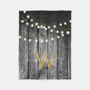 Rustic Barn Black Wood Gold String Lights Monogram Fleece Blanket