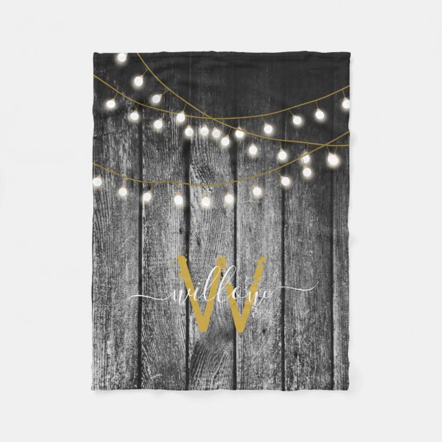 Rustic Barn Black Wood Gold String Lights Monogram Fleece Blanket (Front)