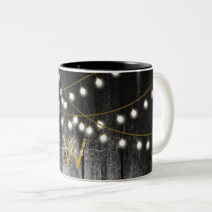 Rustic Barn Black Wood Gold String Lights Monogram Two-Tone Coffee Mug