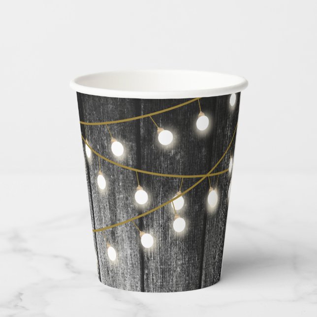 Rustic Barn Black Wood Gold String Lights Paper Cups (Back)