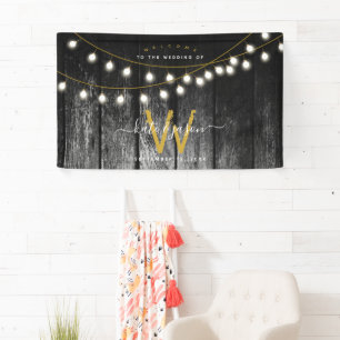 Rustic Barn Black Wood Gold String Lights Wedding Banner