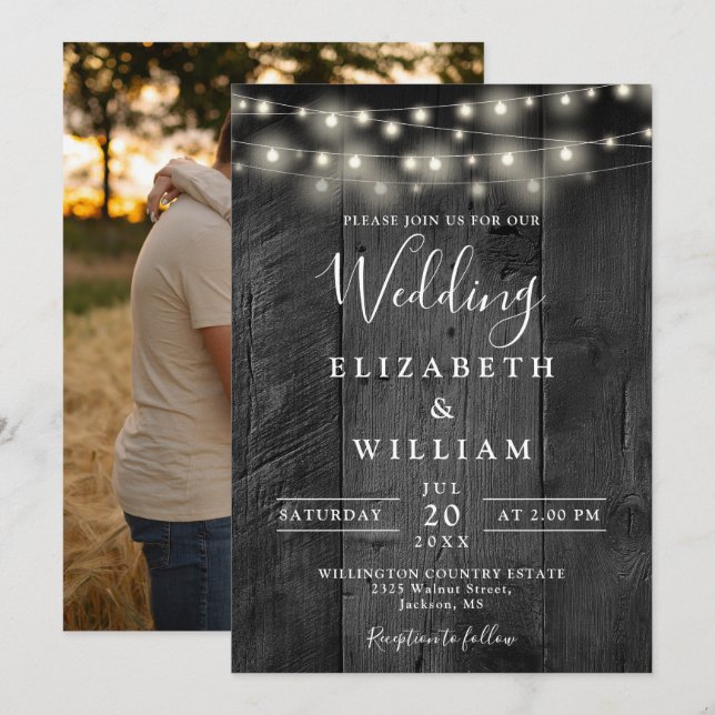 Rustic Barn Black Wood String Lights Photo Wedding Invitation (Front/Back)