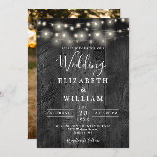 Rustic Barn Black Wood String Lights Photo Wedding Invitation