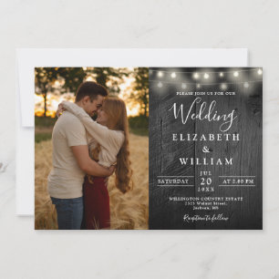 Rustic Barn Black Wood String Lights Wedding Photo Invitation