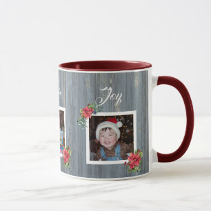 Rustic Barn Board and Poinsettia 3 Family Photos Mug