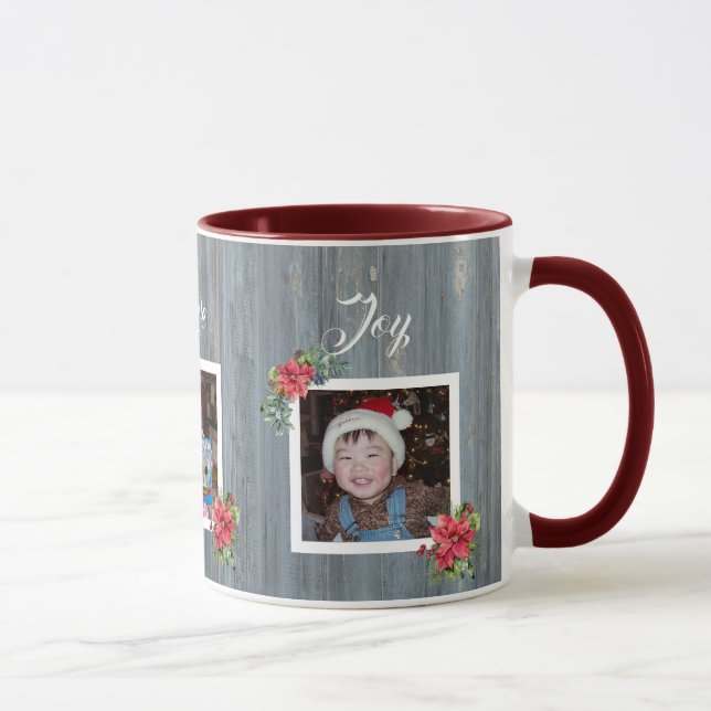 Rustic Barn Board and Poinsettia | 3 Family Photos Mug (Right)
