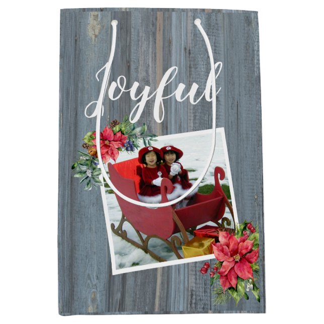 Rustic Barn Board and Poinsettia ~ Family Photo Medium Gift Bag (Front)