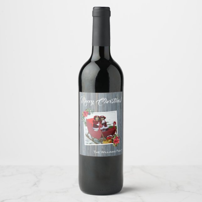 Rustic Barn Board and Poinsettia ~ Family Photo Wine Label (Front)