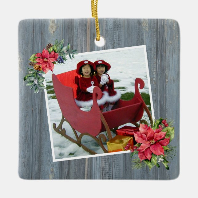 Rustic Barn Board and Poinsettias | Family Photo Ceramic Ornament (Front)