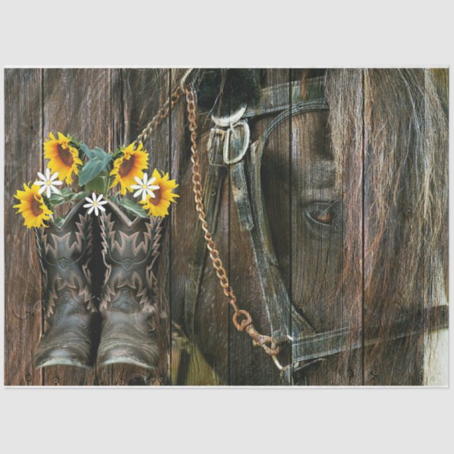 Rustic Barn Board Horse Cowboy Boots Sunflowers Tissue Paper (Front)