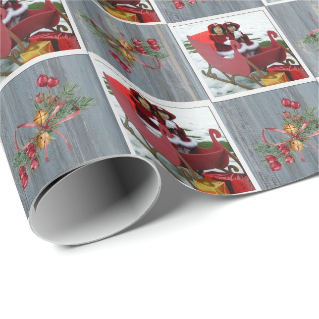 Rustic Barn Board, Pine Boughs and Family Photo Wrapping Paper (Roll Corner)