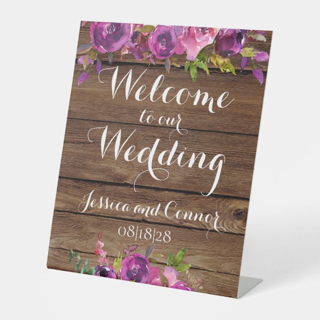 Rustic Barn Board Pink & Violet Welcome Wedding Pedestal Sign (Front)