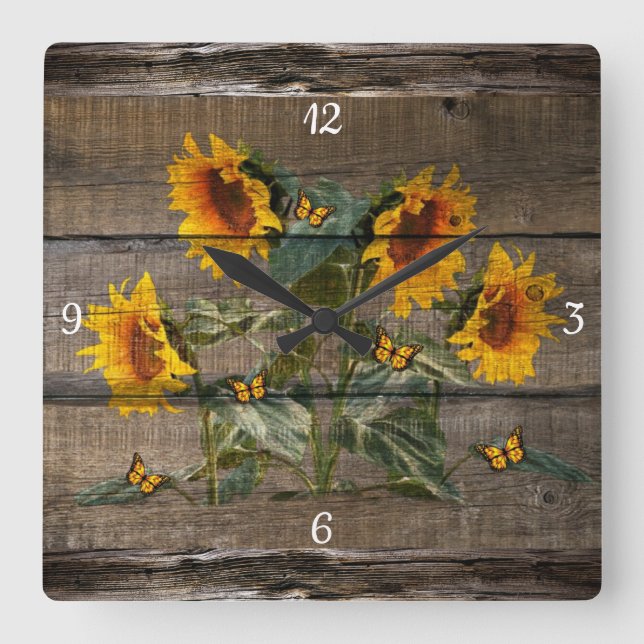 Rustic Barn Board Sunflowers Butterflies Square Wall Clock (Front)