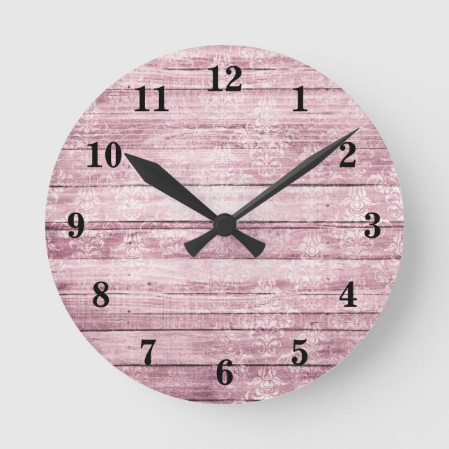 Rustic Barn Boards Shabby Pink Distressed Wood Round Clock (Front)