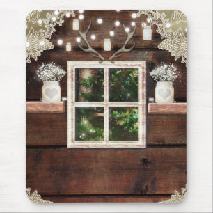 Rustic Barn Cabin Window Looking Out to Pine Tree Mouse Mat
