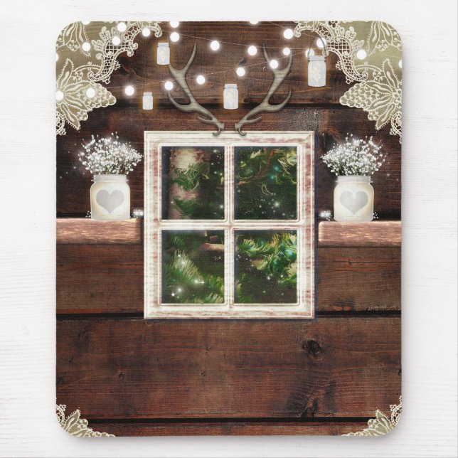 Rustic Barn Cabin Window Looking Out to Pine Tree Mouse Mat (Front)