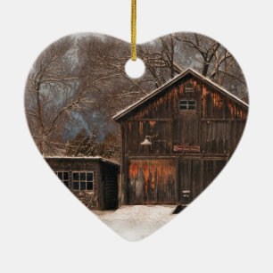 Rustic Barn & Cottage Vintage Snow Scene Ceramic Tree Decoration