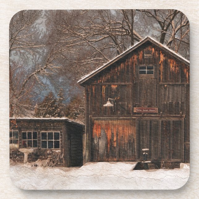 Rustic Barn & Cottage Vintage Snow Scene Coaster (Front)