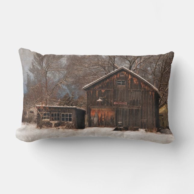 Rustic Barn & Cottage Vintage Snow Scene Lumbar Cushion (Front)