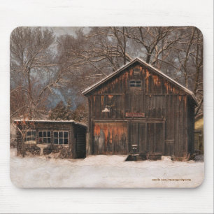 Rustic Barn & Cottage Vintage Snow Scene Mouse Mat