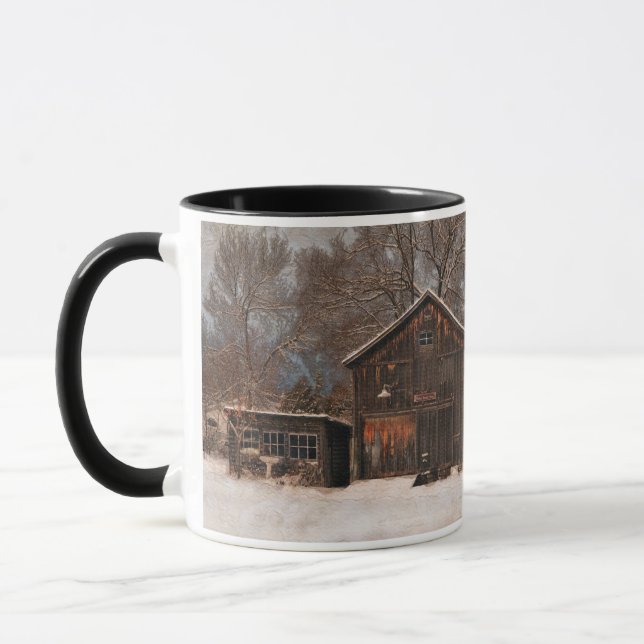 Rustic Barn & Cottage Vintage Snow Scene Mug (Left)