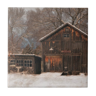 Rustic Barn & Cottage Vintage Snow Scene Tile