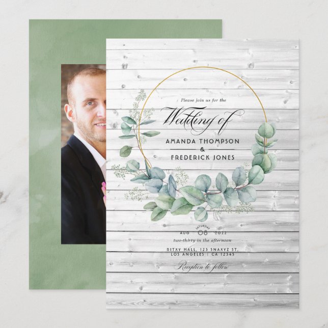 Rustic Barn Country Geometric Eucalyptus Wedding Invitation (Front/Back)