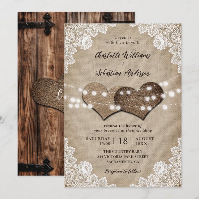 Rustic Barn Door Beige White Burlap Lace Wedding Invitation (Front/Back)