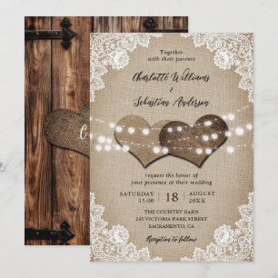 Rustic Barn Door Beige White Burlap Lace Wedding Invitation