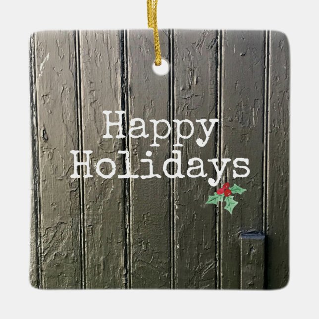 Rustic Barn Door Happy Holidays Holly Pet Photo Ceramic Ornament (Front)