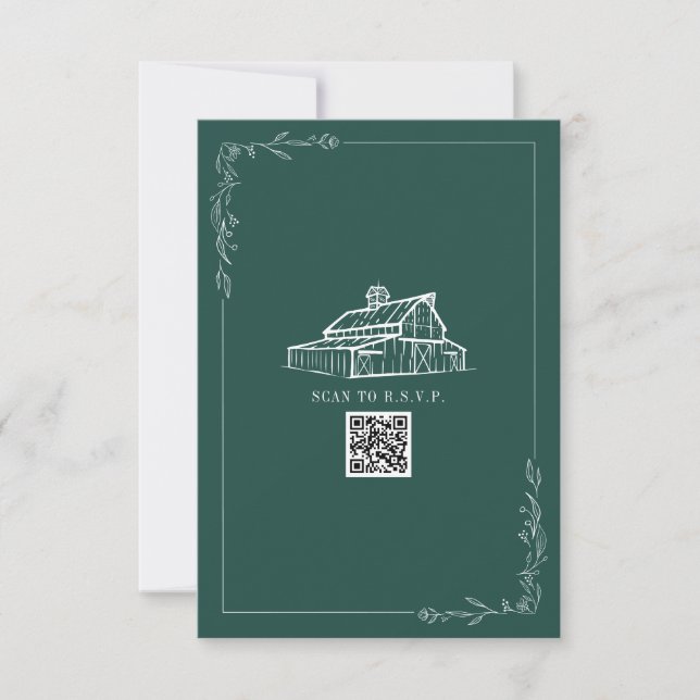 Rustic Barn Emerald Green QR Code Wedding RSVP (Front)